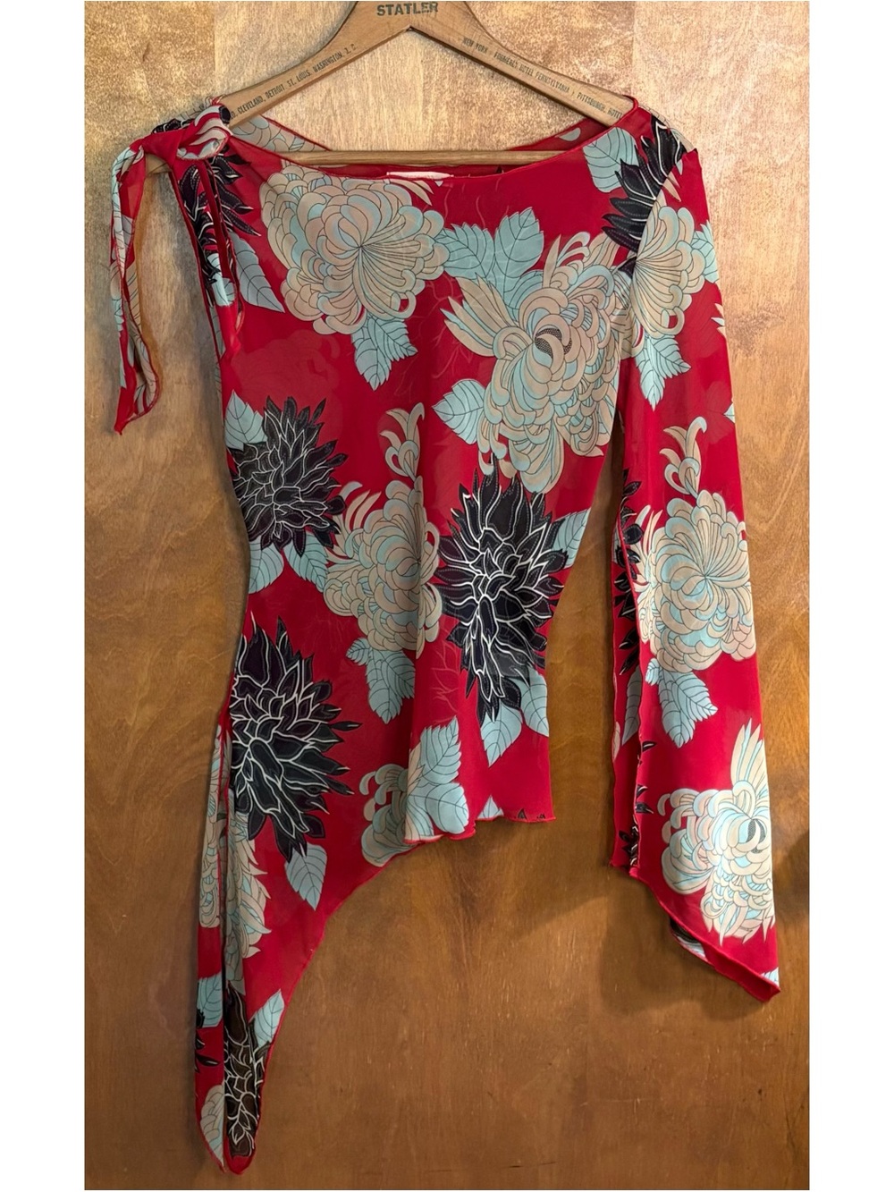 Vintage Y2K Red Dark Floral Long Angel Sleeve Asymmetrical Top Goth Fairy Grunge